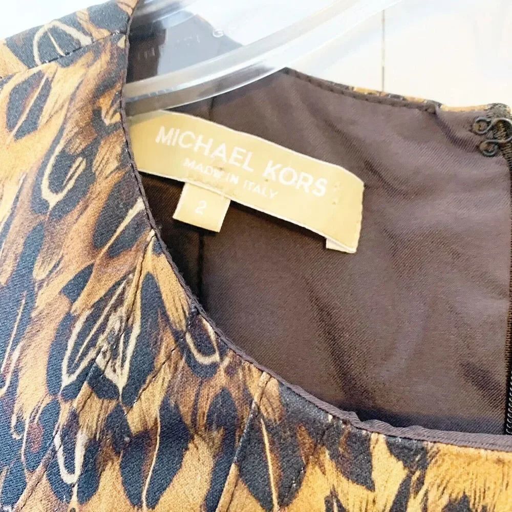 Brown Michael Kors Collection Feather Print Midi Dress Women’s Size 2 Made Italy - Picture 7 of 12